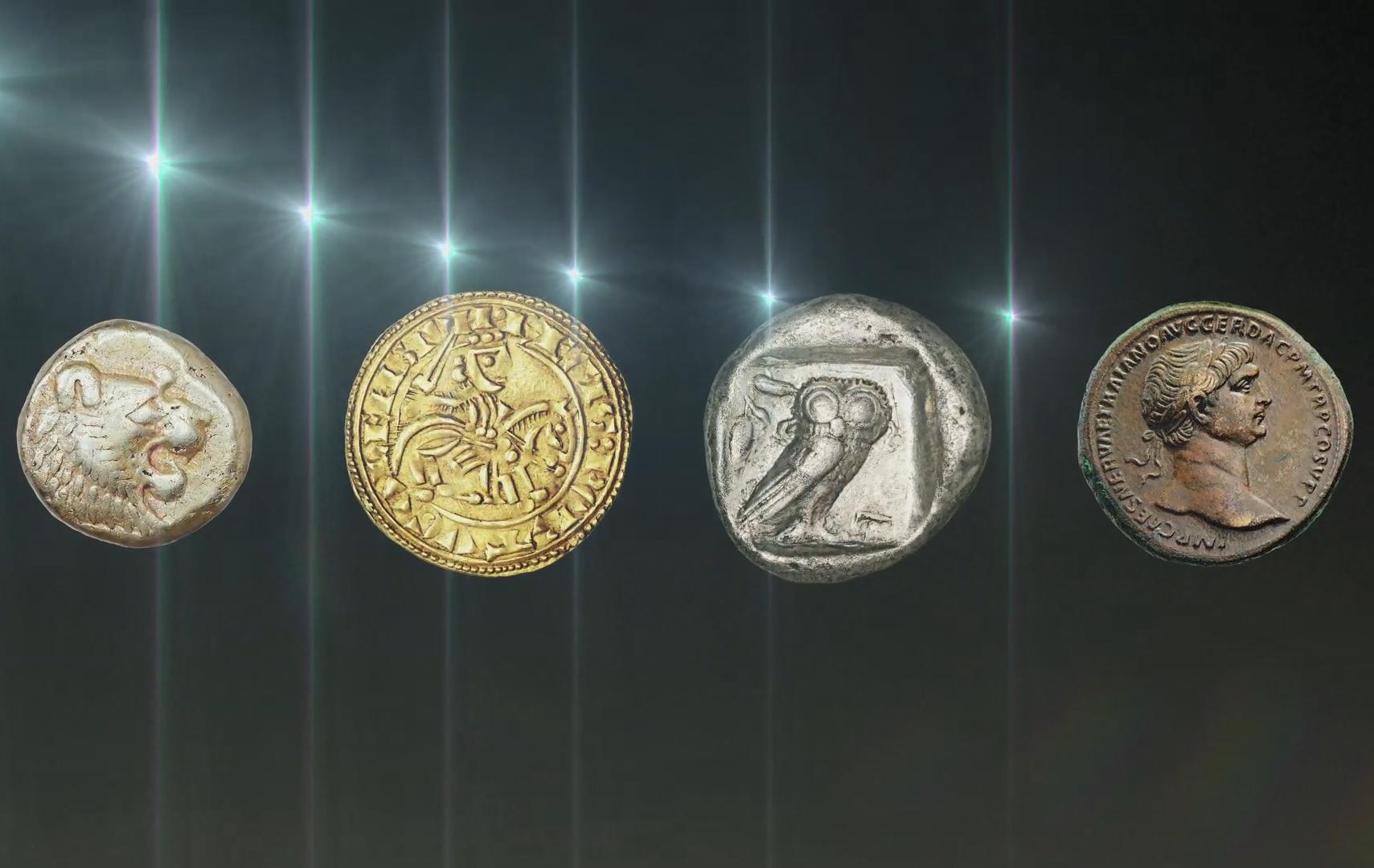 Quatro moeda antigas: Yerço de estáter; Morabitino; Tetradracma; Denário