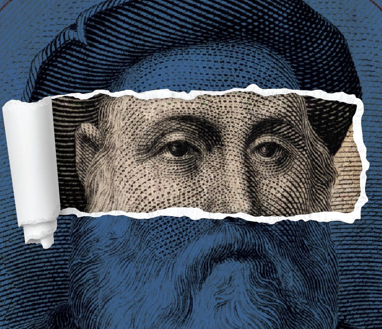 Pormenor da antiga nota de 500 escudos com o retrato de Vasco da Gama com um rasgão junto aos olhos}