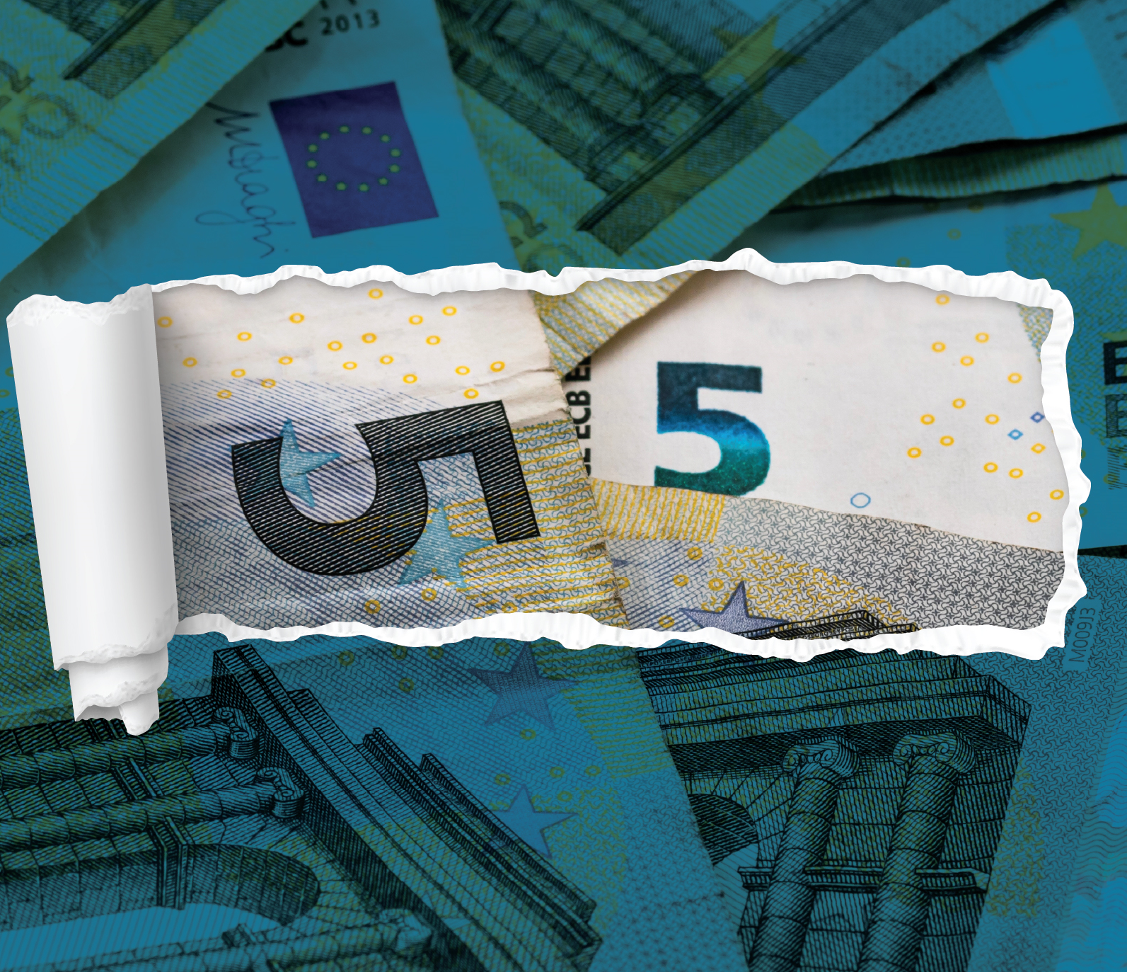 Notas de 5 euros com rasgão ao centro}