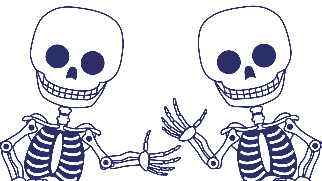 Desenho azul escuro de dois esqueletos. Um do lado direito e outro do lado esquerdo a acenar.