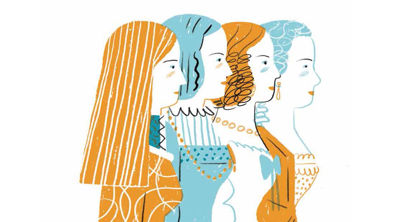 Ilustração em tons de azul e laranja de quatro princesas vistas de lado