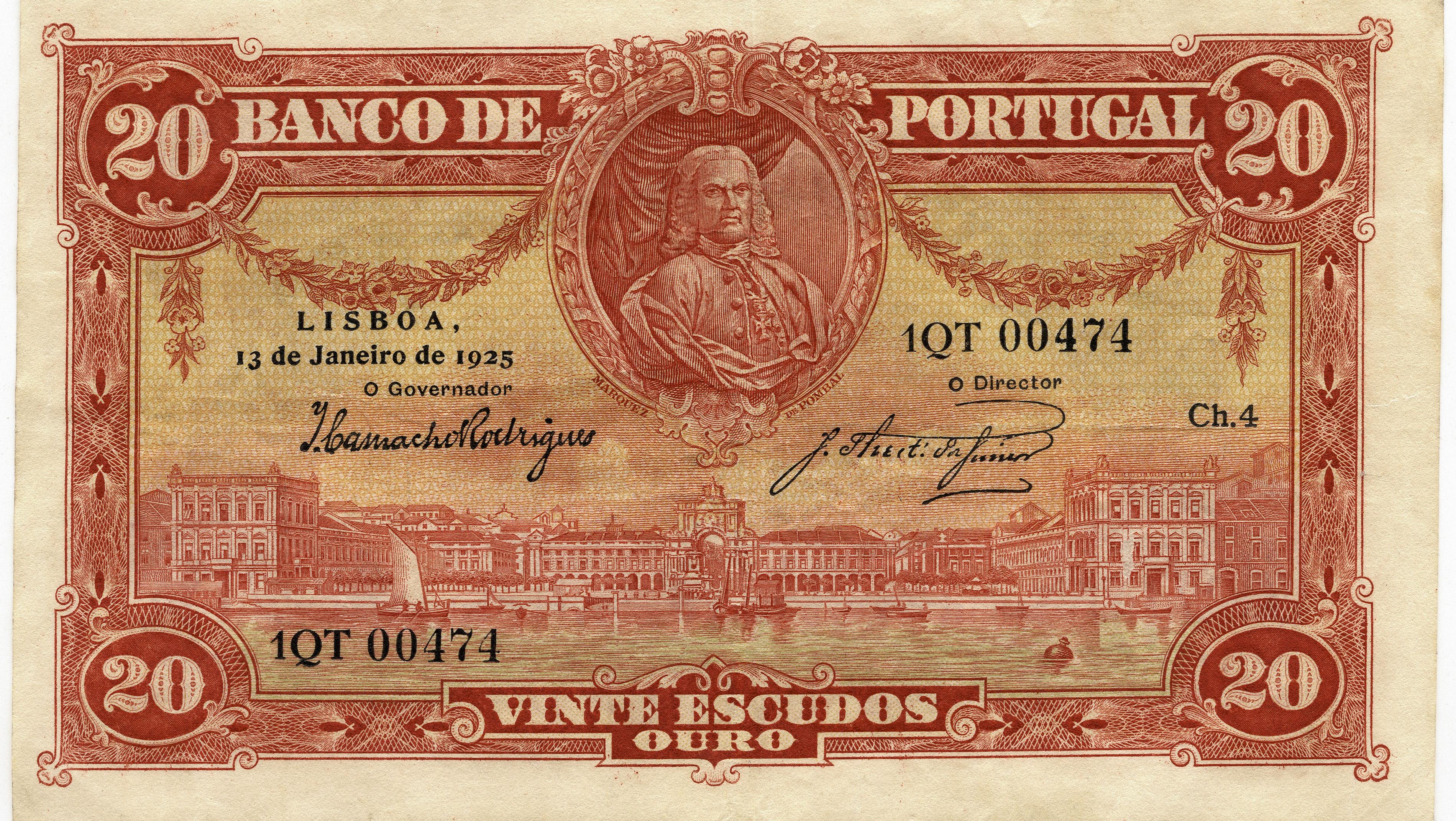 Nota de 20 escudos portuguesa em tons de vermelho com o retrato do Marquês de Pombal e uma vista da Praça do Comércio