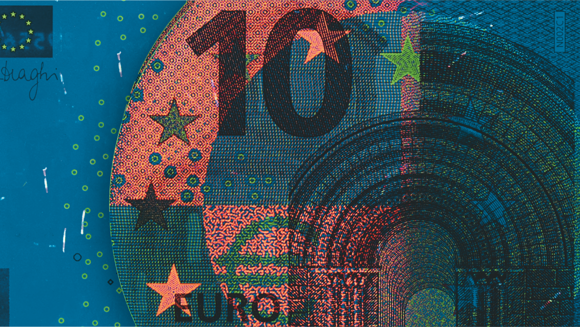 Nota de 10 euro como se fosse vista à luz ultra-violenta