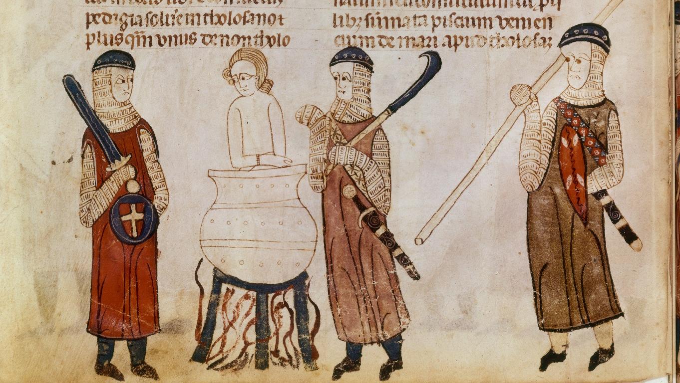 Pormenor de iluminura medieval com três cavaleiros e um condenado dentro de uma panela