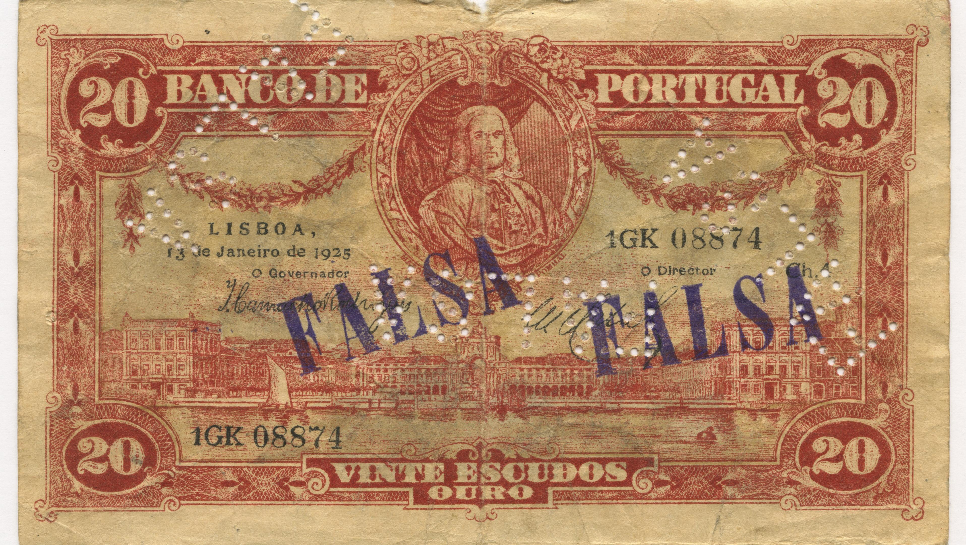 Nota falsa de 20 escudos com dois carimbos a dizer "FALSA" "FALSA"