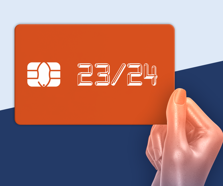 Imagem gráfica: mão segura um cartão bancário de cor laranja, com chip e 23/24