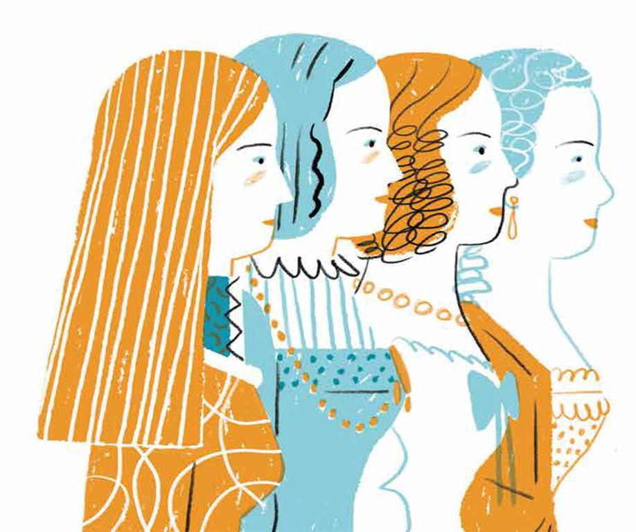 Ilustração em tons de azul e laranja de quatro princesas vistas de lado 