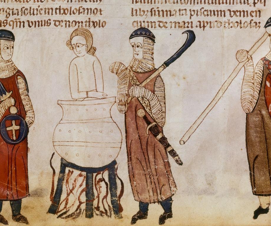 Pormenor de iluminura medieval com três cavaleiros e um condenado dentro de uma panela