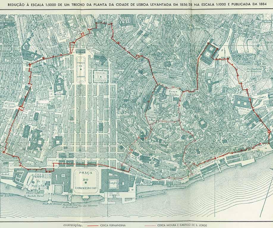 Mapa antigo da cidade de Lisboa com o desenho das antigas muralhas da cidade